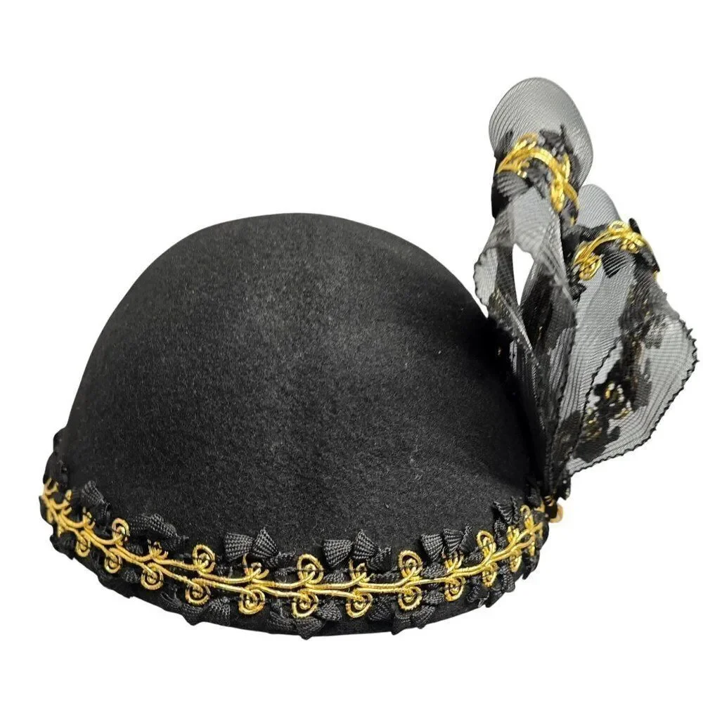 Vintage Black Fascinator Hat With Gold Embroidery & Mesh Bow Elegant Formal Desi